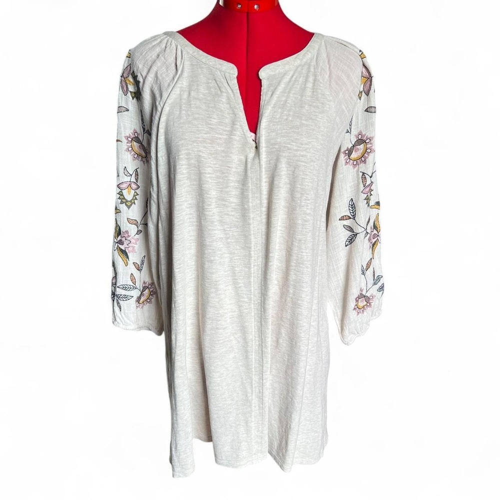 J Jill Oatmeal Beige Floral Embroidered Tunic Dress Size Medium Boho Western